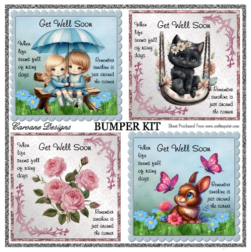 Get Well Soon Bumper Kit 85 - 9 page bumper kit - card fronts, decoupage, inserts, made by boxes, images for back of card, preview