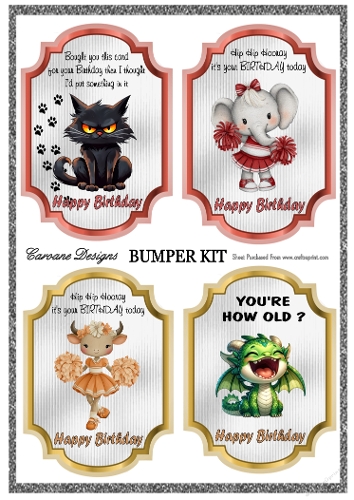 Crazy Birthdays Bumper Kit 98 - 9 page bumper kit - card fronts, decoupage, inserts, made by boxes, images for back of card, preview