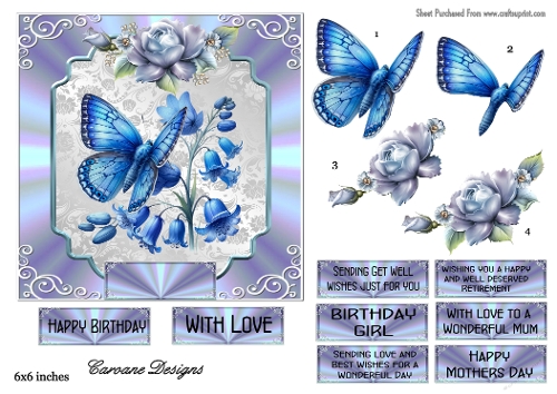 Bluebells and Butterflies - 6x6 inch card front with decoupage  