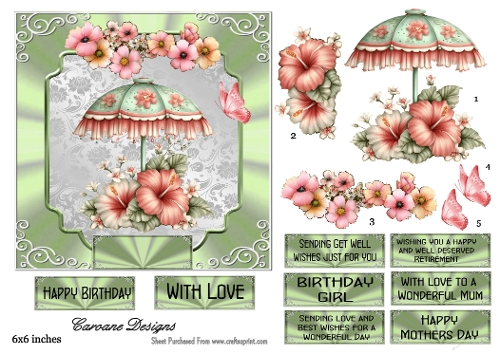 Pink Parasol - 6x6 inch card front with decoupage  