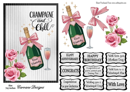Champagne and Roses - 7x5 inch card front with decoupage  