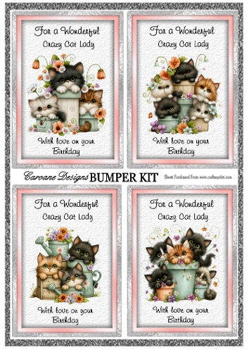Crazy Cat Lady Bumper Kit 104 - 9 page bumper kit - card fronts, decoupage, inserts, made by boxes, images for back of card, preview