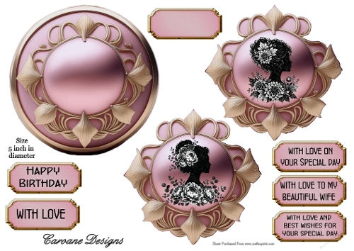 Pink Silhouette 2 - 5 inch circular topper with decoupage  