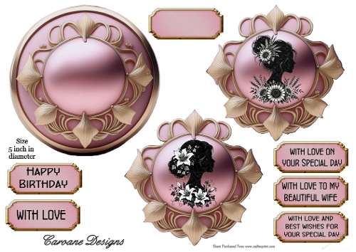 Pink Silhouette 4 - 5 inch circular topper with decoupage  