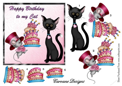 Birthday Cat - A4 design sheet with decoupage