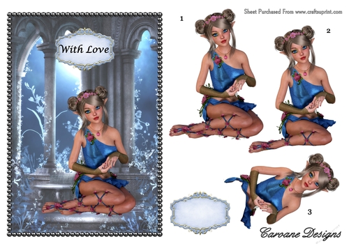 Fairy by Moonlight - With Love - A4 card making sheet with decoupage