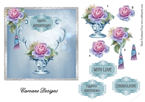 Roses - 6 x 6 inch square card front with decoupage.