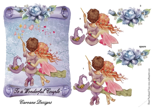 Pixies in Love - A5 topper with decoupage.