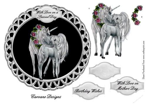 Unicorns and Roses - 7 inch circular topper with decoupage