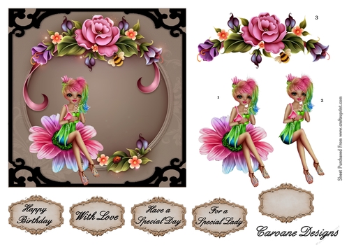 Rainbow Pixie - 6 inch square card front with decoupage