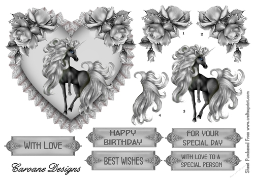 The Black Unicorn - 6 inch heart shaped topper and decoupage