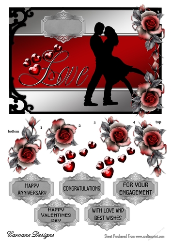Hearts and Roses - A5 card front with decoupage