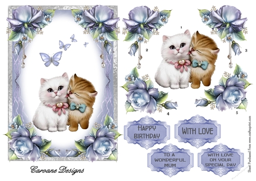 Kittens and Roses - 5x7 inch card front with decoupage