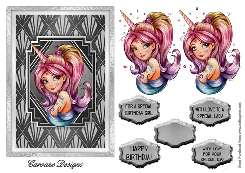 Unicorn Queen 7x5 inch card front with decoupage