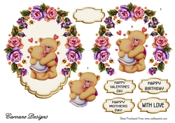 Romantic Teddies - 7 x 5 inch topper with decoupage