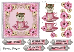 Kitty in a Teacup - 6x6 inch card front with decoupage