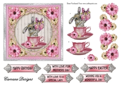 Pink Bunny in a Teacup - 6x6 inch card front with decoupage
