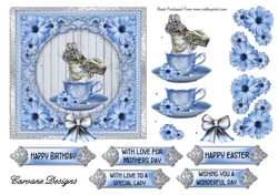 Blue Bunny in a Teacup - 6x6 inch card front with decoupage