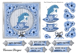 Dolphin in a Teacup - 6x6 inch card front with decoupage