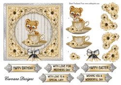 Cute Cub in a Teacup - 6x6 inch card front with decoupage