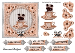Fluffy Kitten in a Teacup - 6x6 inch card front with decoupage