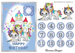 Birthday Unicorns 1 - A5 card front with decoupage