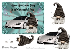 Fathers Day Posh Car Gnome - 7x5 inch card front with decoupage
