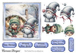 Christmas Gnomes 4 - 6x6 inch card front with decoupage