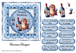 Boozy Birds 1 - 6x6 inch card front with decoupage