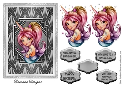 Unicorn Queen 7x5 inch card front with decoupage
