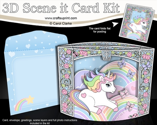 3D Triangle Shadow Box Scene it Card Kit - Cute Little Unicorn Rainbow 