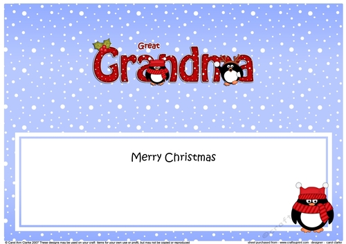Large DL Merry Christmas GREAT GRANDMA insert with Penguins
