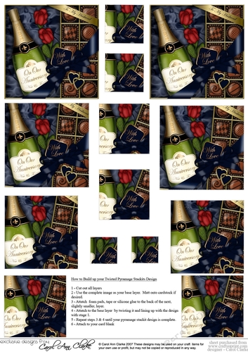 On Our Anniversary Champers, Chocs & Roses Twisted Pyramage sheet