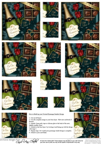 On Our Anniversary Champers, Chocs & Roses Twisted Pyramage sheet