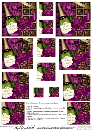 On Our Anniversary Champers, Chocs & Roses Twisted Pyramage sheet