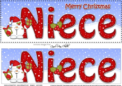 Large DL Merry Christmas NIECE 3D decoupage with Snowball Sam 