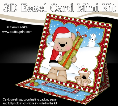 3D Easel Card Mini Kit - Christmas Livvy Bear has an Xmas Present