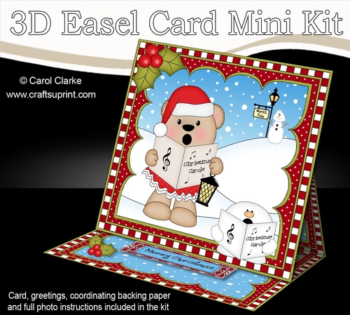 3D Easel Card Mini Kit - Christmas Livvy Bear is Carol Singing