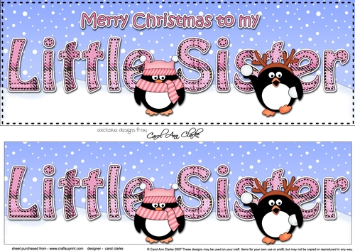 Large DL Merry Christmas LITTLE SISTER 3D decoupage with Penguins