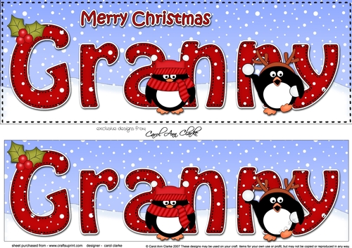 Large DL Merry Christmas GRANNY 3D decoupage with Penguins
