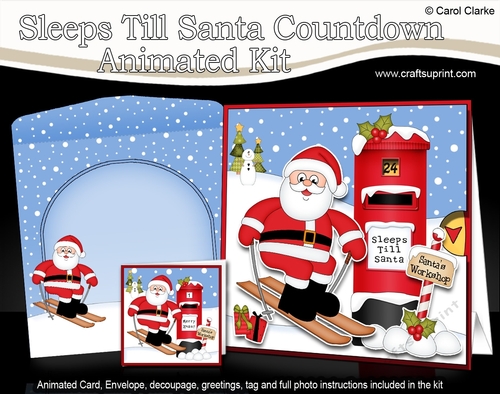 3D Animated Sleeps Till Santa Christmas Postbox Countdown Card Kit - Santa is Skiing!!