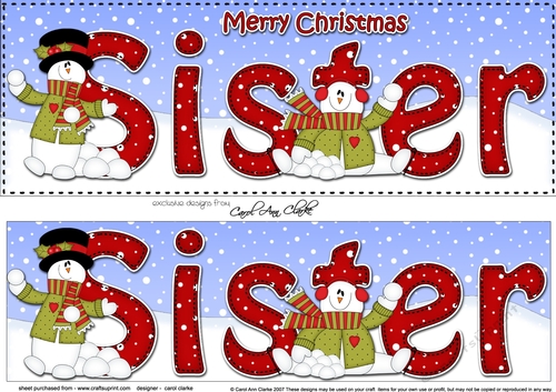Large DL Merry Christmas SISTER 3D decoupage with Snowman Rio