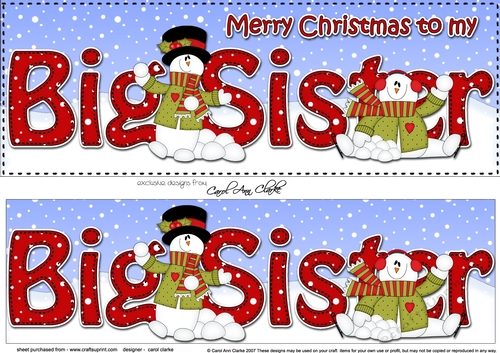 Large DL Merry Christmas to my BIG SISTER 3D decoupage with Snowman Rio