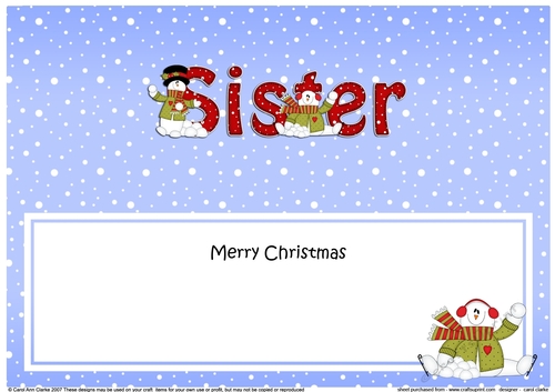 Large DL Merry Christmas SISTER insert with Snowman Rio