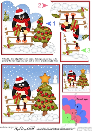 Christmas Pip Penguin has decorated the Xmas Tree Shell Edged Corner Side Stacker
