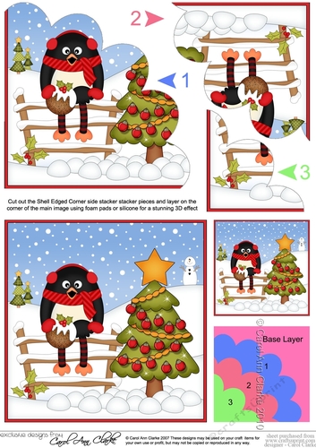 Christmas Pip Penguin has decorated the Xmas Tree Shell Edged Corner Side Stacker