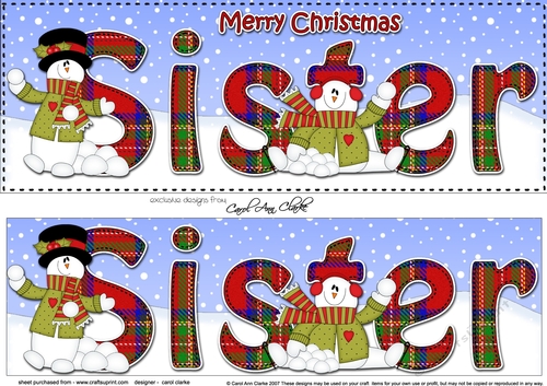 Large DL Merry Christmas SISTER 3D decoupage with Snowman Rio 