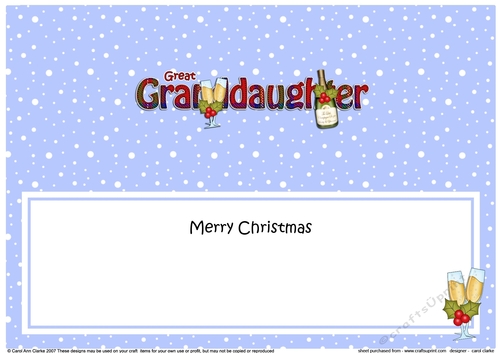 Large DL Merry Christmas GREAT GRANDDAUGHTER insert with Champagne