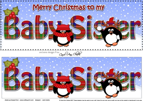 Large DL Merry Christmas BABY SISTER 3D decoupage with Tartan Penguins