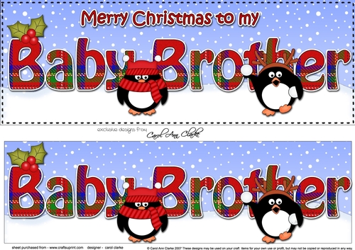 Large DL Merry Christmas BABY BROTHER 3D decoupage with Tartan Penguins